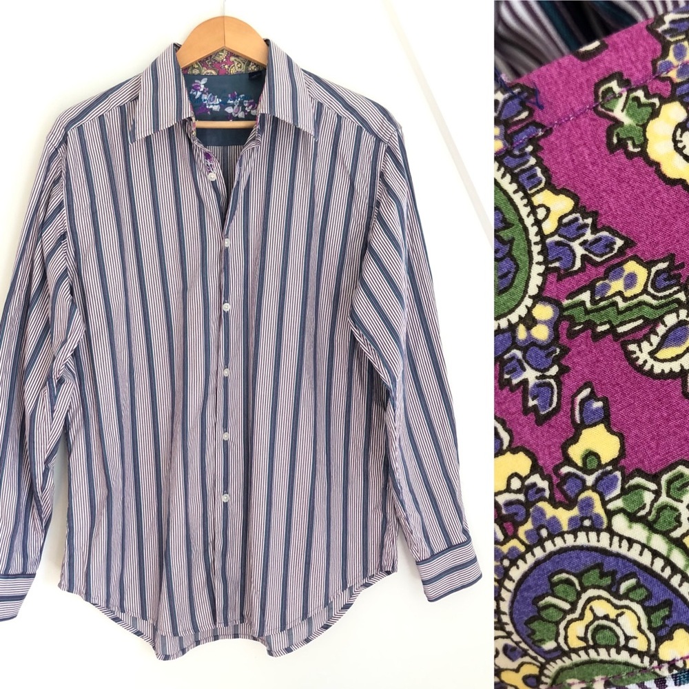 Robert Graham flip cuff striped embroidered floral paisley button down shirt | L